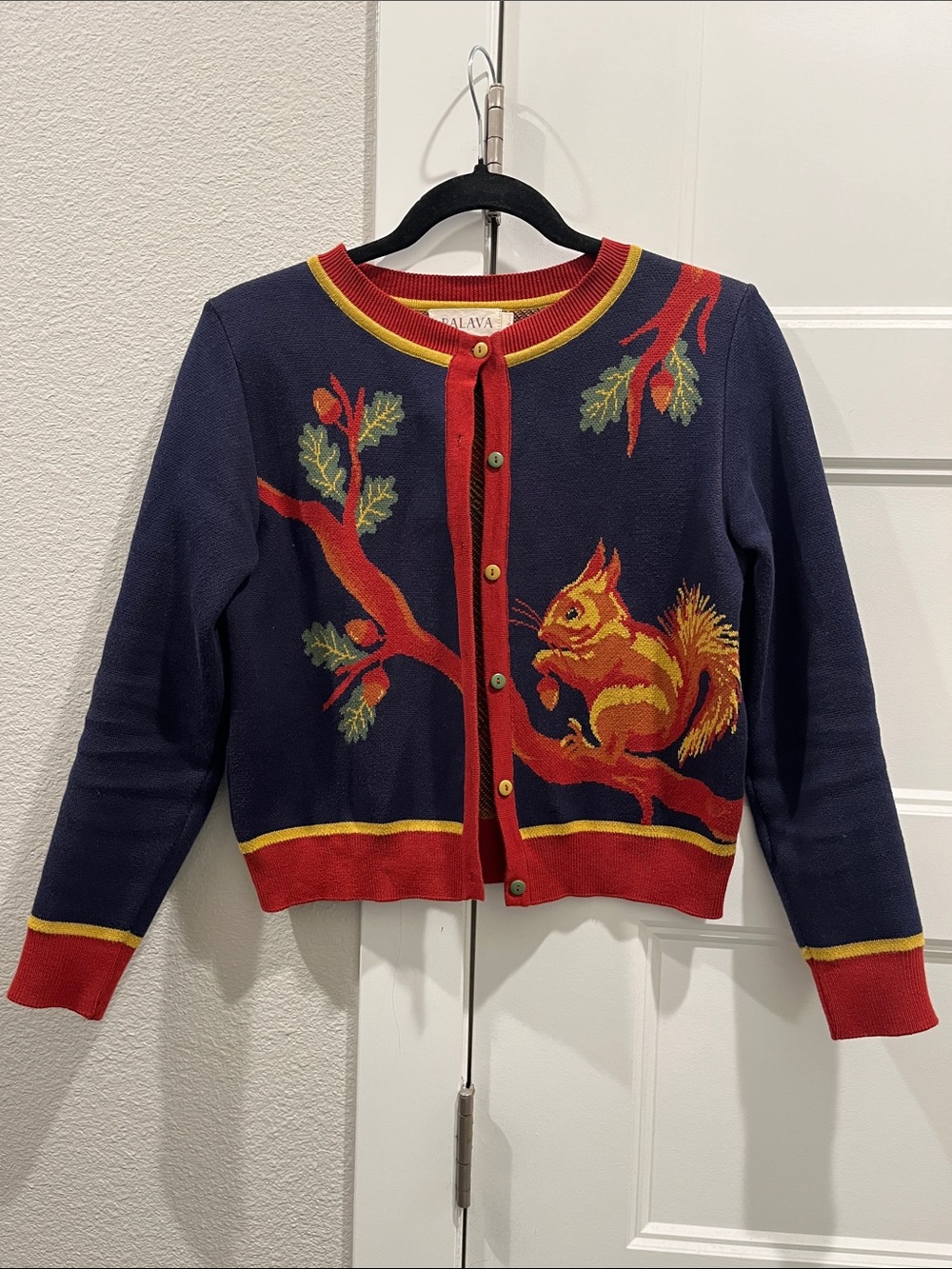 Navy Squirrel Jacquard Cardigan with Red Trim
